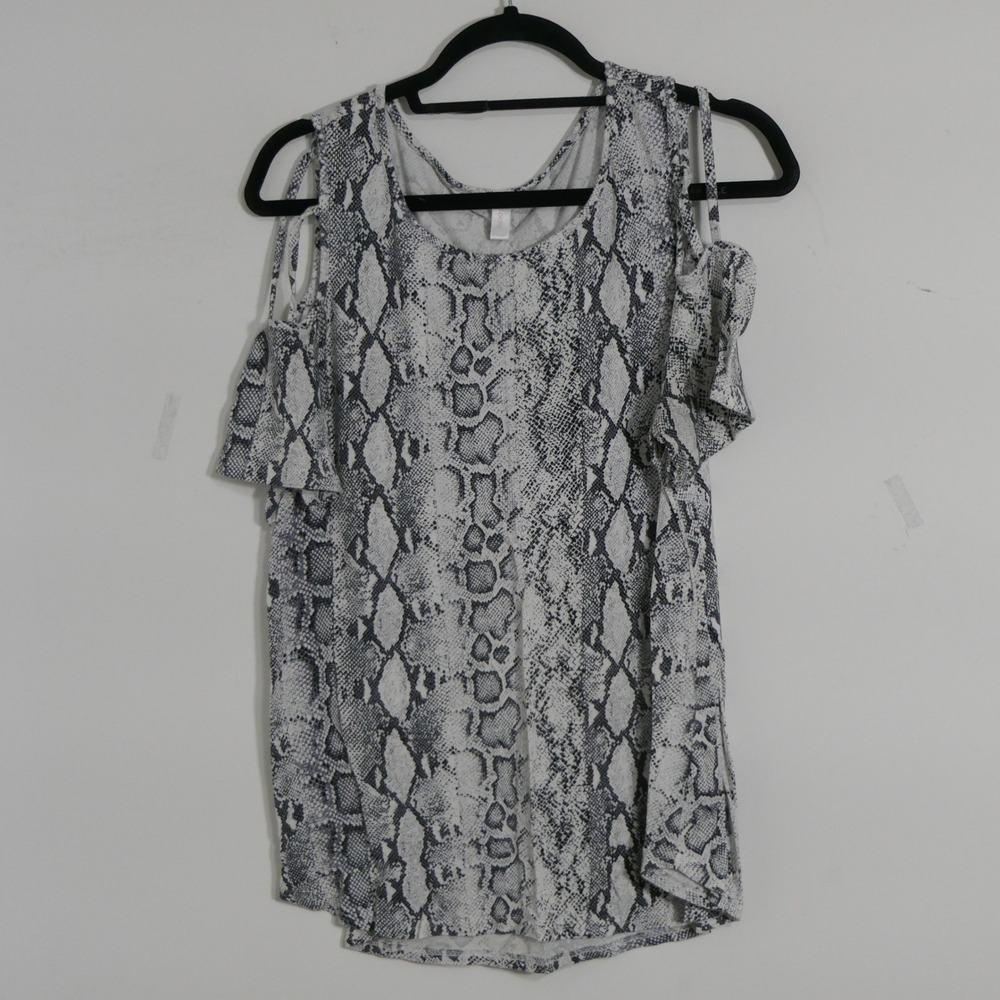 Niloufo Womens Top XL Grey Snake Print Cold Shoulder Ruffle Sleeve Edgy Boho